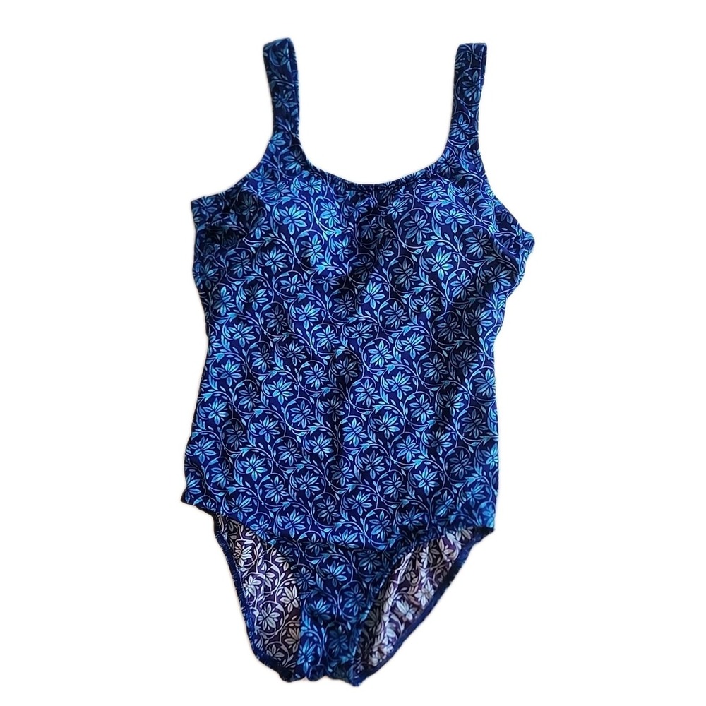 LL Bean Swimsuit Scoop Neck Tanksuit Resort Modest Blue Floral Womens Sz 16 - Picture 2 of 7